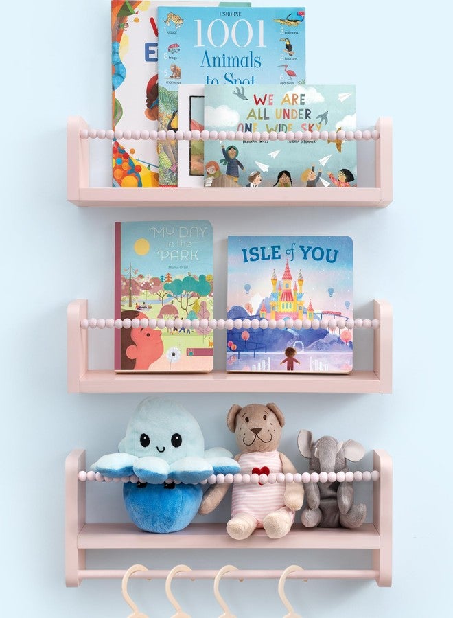Maxpeuvon Nursery Book Shelves, Set of 3 Kids Bookshelves Natural Wood Wall Mount Organizer with Towel Bar Hanging Nursery Decor for Kids Room, Playroom, Bedroom and Kitchen, Pink - Image 1
